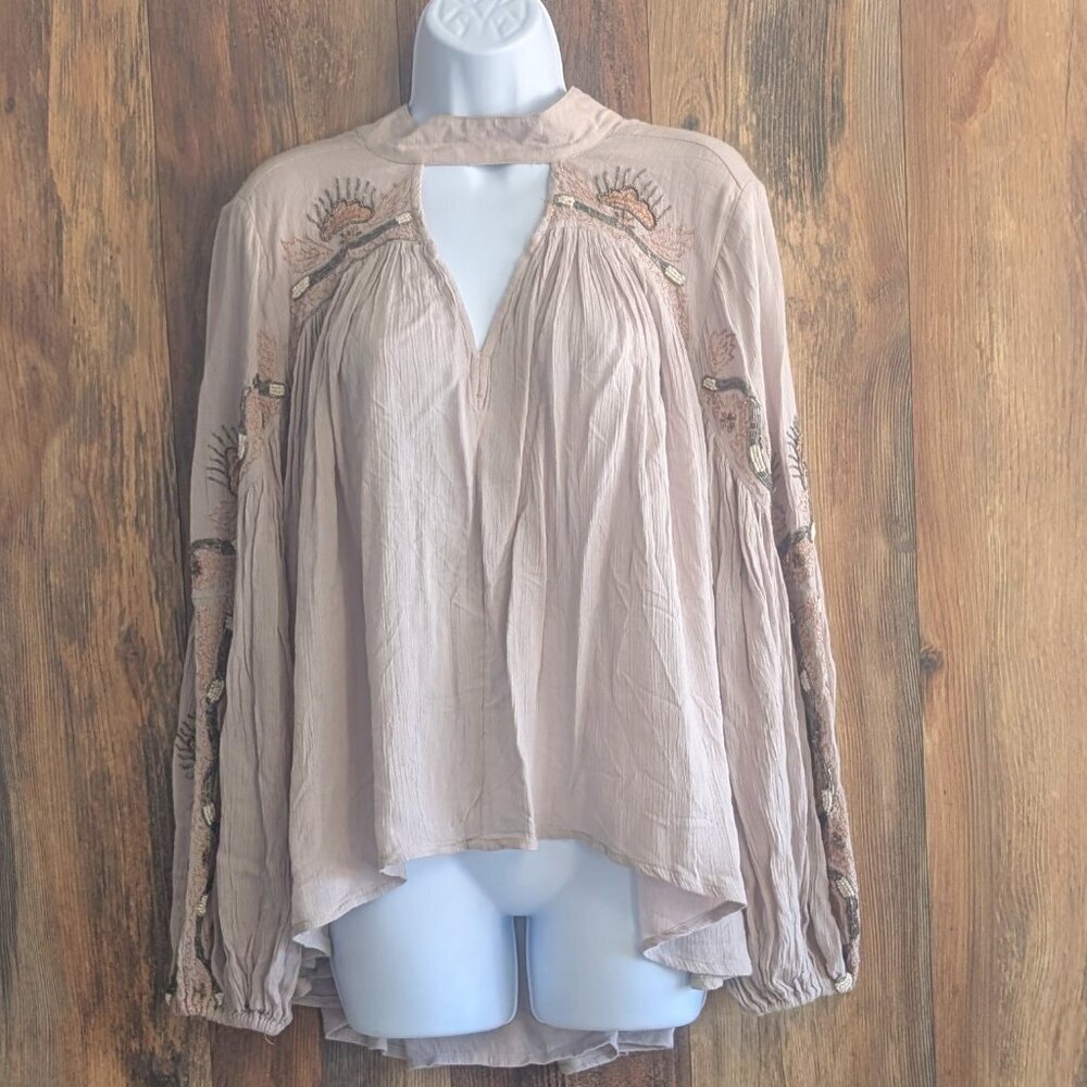 Free People Beige Beaded Tunic Deep V Cutout Mockneck BoHo Blouse S - Picture 1 of 8